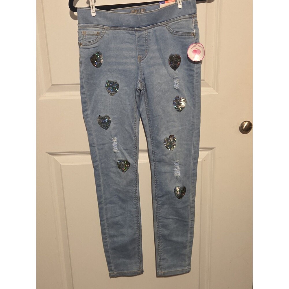 Justice Girls Size 12 Slim Jeggings Reversible Sequin Hearts Distressed Jeans